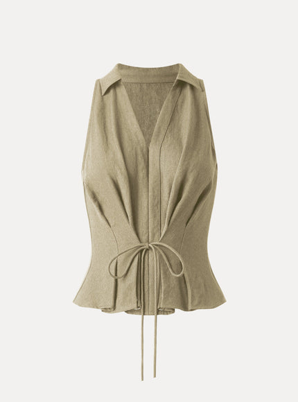 Collared V-neck Pleated Sleeveless Top with Drawstring