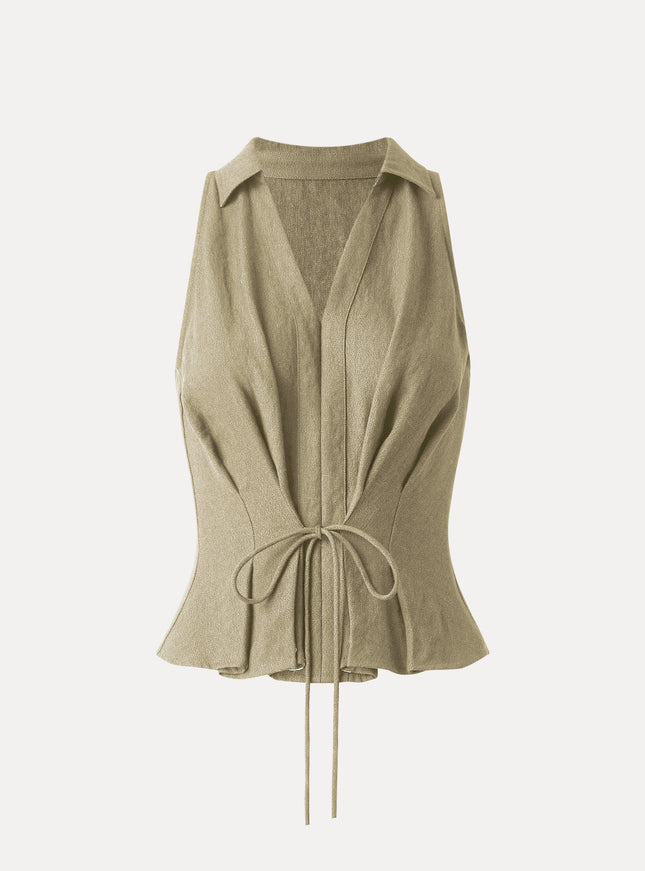 Collared V-neck Pleated Sleeveless Top with Drawstring