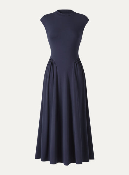 Ponte Mock Neck Ruched A-Line Midi Dress with Pockets
