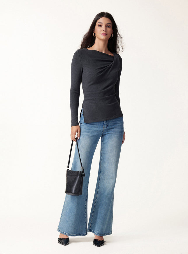 Asymmetrical Neck Long Sleeve Tucked-Waist Top