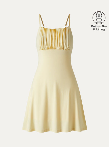 Matte Smooth Square Neck Ruched Spaghetti Mini Built-In Bra Dress