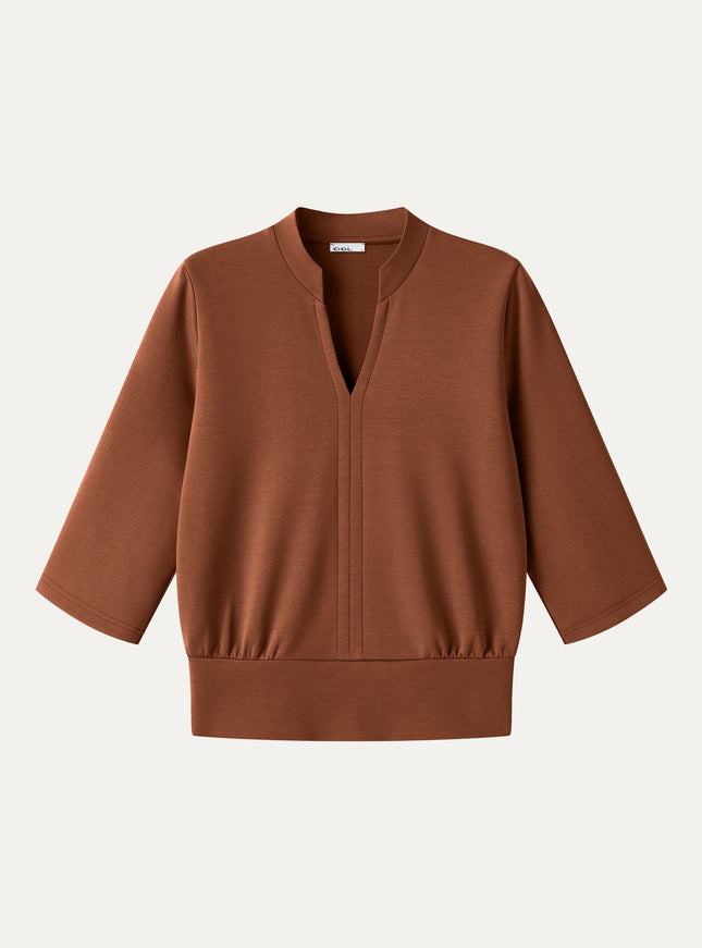 Lyocell Spacer Knit V-Neck Elbow Sleeve Banded Top
