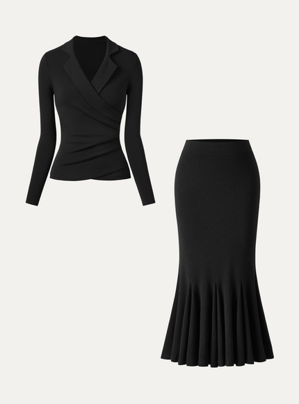2Pcs Set Collared Surplice Top & High-Rise Mermaid Midi Skirt