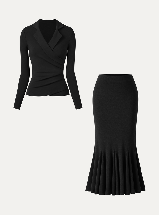 2Pcs Set Collared Surplice Top & High-Rise Mermaid Midi Skirt