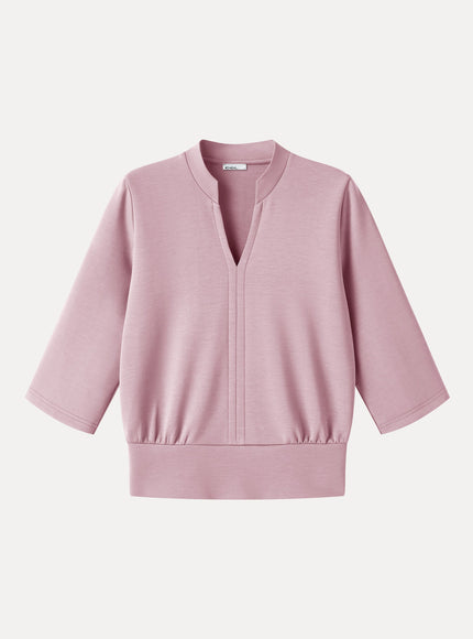 Lyocell Spacer Knit V-Neck Elbow Sleeve Banded Top