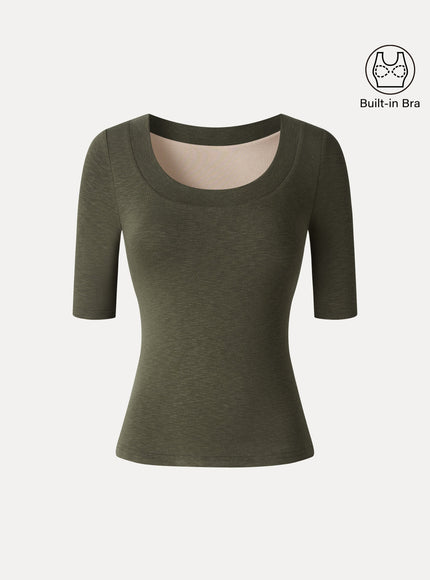 Slub U-Neck Elbow Sleeve Built-In Bra Top