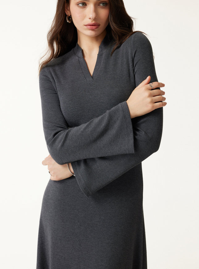 V-Neck Long Sleeve Flowy Midi Built-In Bra Dress