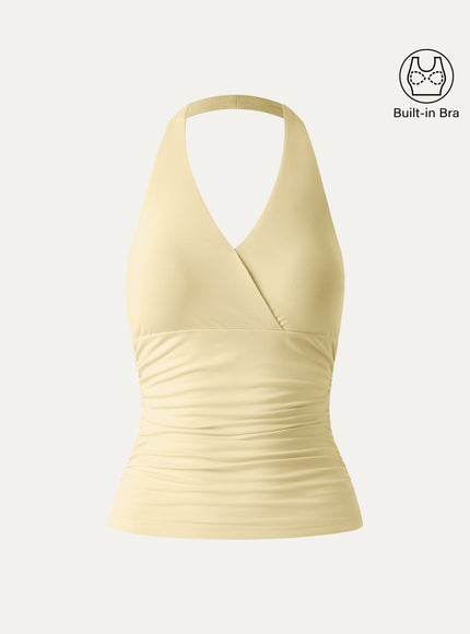 Halter Neck Side Gathered New Airy Built-In Bra Tank