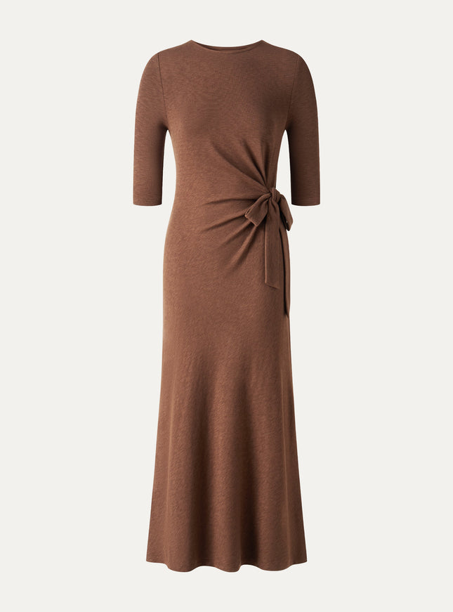 Slub Ribbed Round Neck Elbow Sleeve Tie-Waist Midi Dress