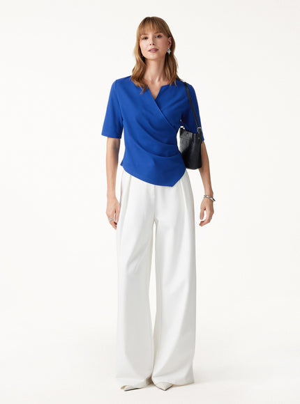Ponte Surplice Elbow Sleeve Asymmetrical Hem Top