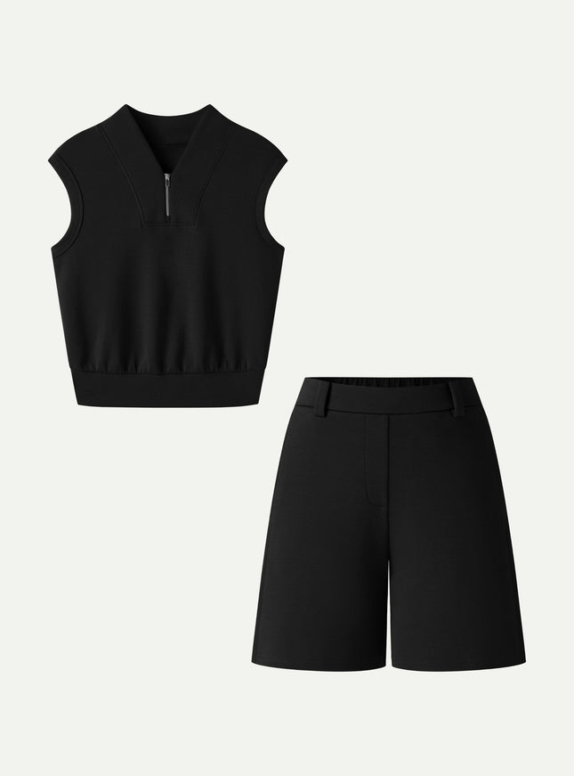 2Pcs Set Banded Hem Travel Top & Shorts with Pockets