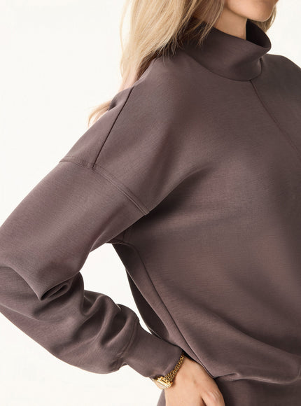 2Pcs Set Mockneck Long Sleeve Shirt & High-Rise Wide Leg Pants with Pockets