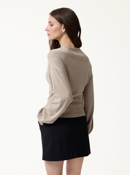 Slub Ribbed Henley Neck Batwing Sleeve Close-Fit Hem Top