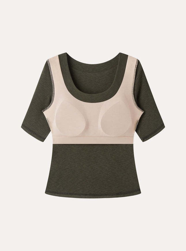 Slub U-Neck Elbow Sleeve Built-In Bra Top