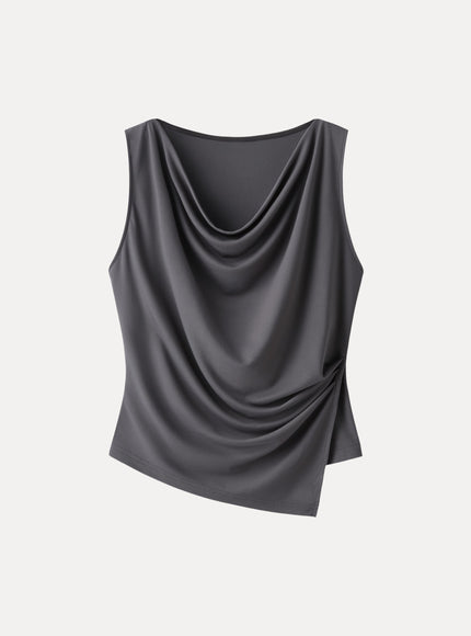 Cowl Neck Asymmetrical Tucked Sleeveless Top