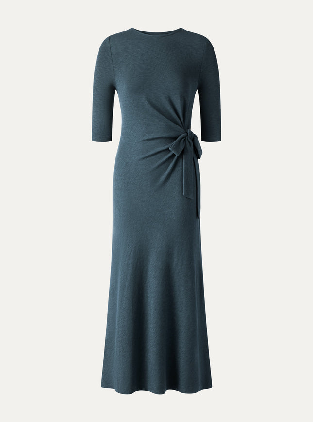 Slub Ribbed Round Neck Elbow Sleeve Tie-Waist Midi Dress