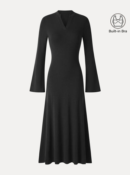 V-Neck Long Sleeve Flowy Midi Built-In Bra Dress