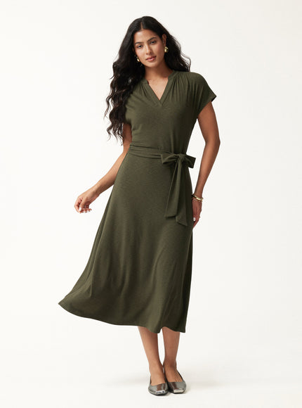 Neck Short Sleeve Belted Midi Dress