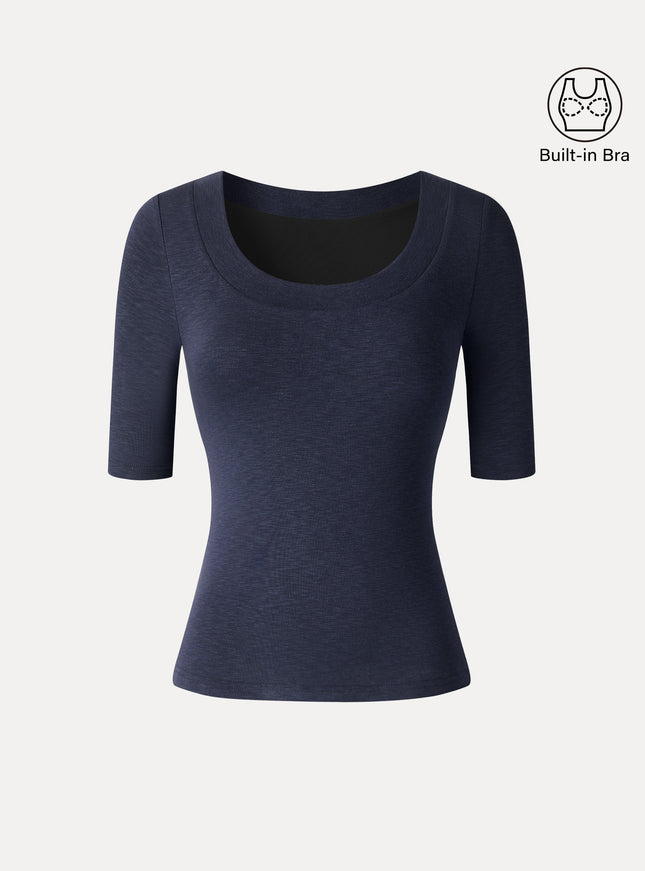 Slub U-Neck Elbow Sleeve Built-In Bra Top
