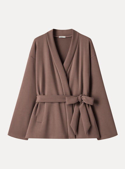 Modal Stretch Fleece Crossover Belted Wrap Cardigan Coat with Pockets