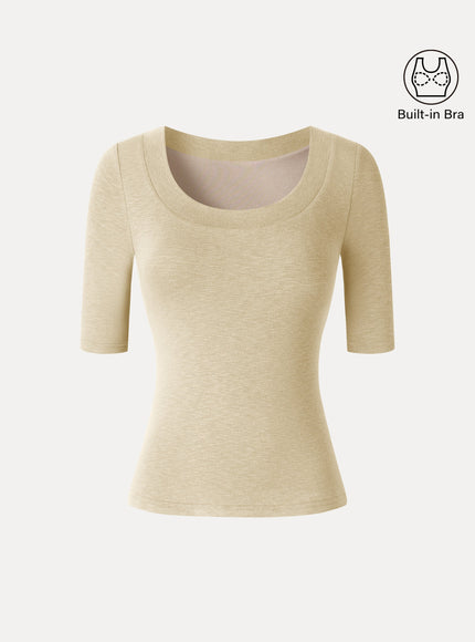 Slub U-Neck Elbow Sleeve Built-In Bra Top