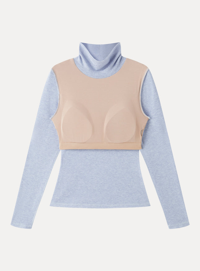 Lyocell-Wool Mock Neck Long Sleeve Built-In Bra Top