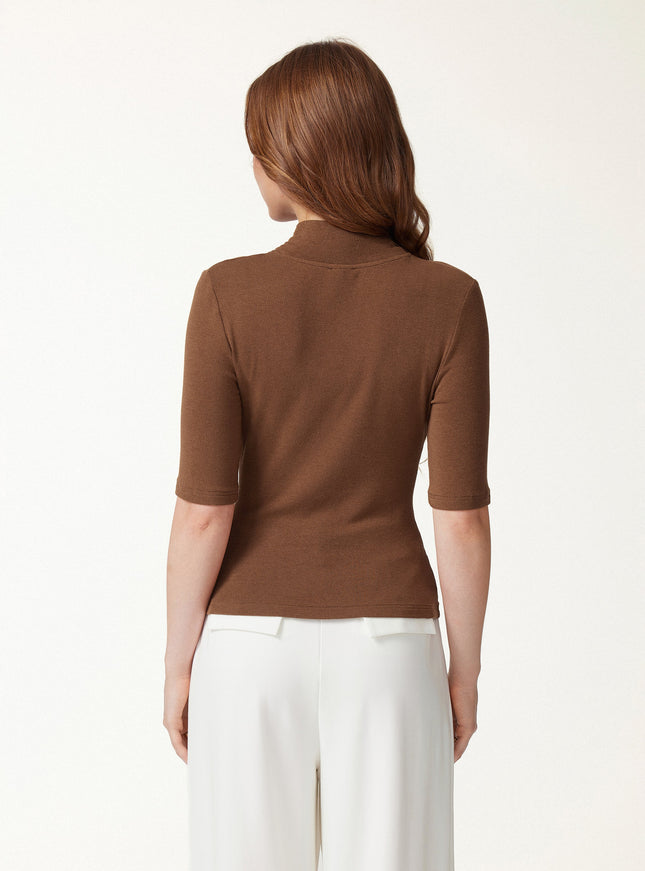 Crisscross Mock Neck Elbow Sleeve Ruched Top