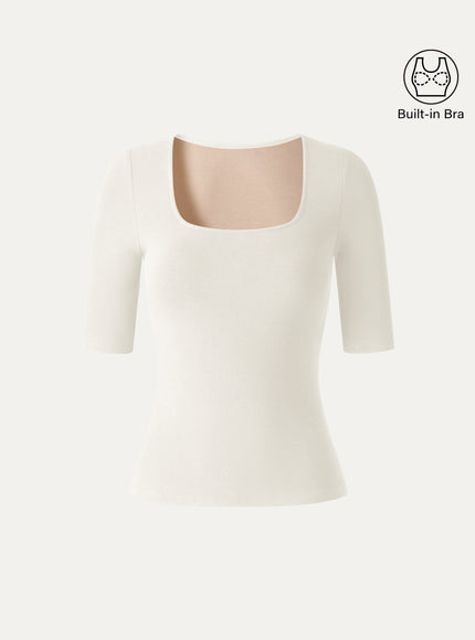 Square Neck Elbow Sleeve Built-In Bra Top