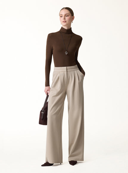 Ponte Mid-Rise Wide-Leg Tuck Pants with Pockets