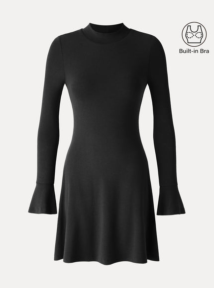 Mock Neck Flared Long Sleeve A-Line Mini Built-In Bra Dress