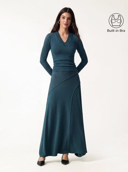 2Pcs Set V-neck Wide Binding Built-In Bra Top & Drapey A-Line Maxi Skirt