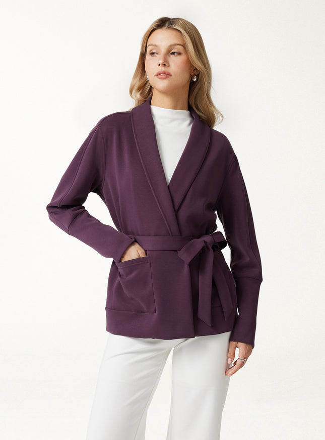 Modal Stretch Fleece Lapel Long Sleeve Belted Coat with Pockets