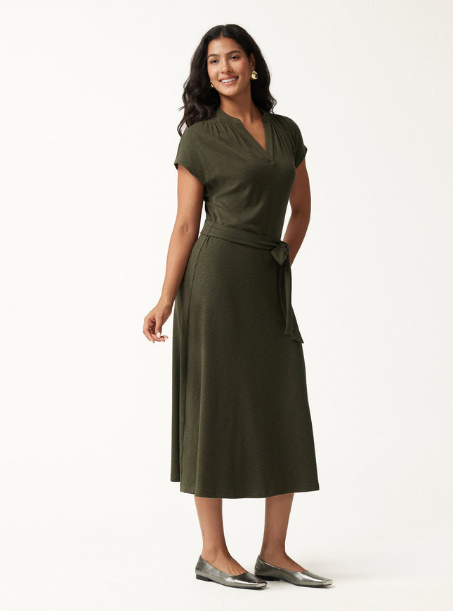 Neck Short Sleeve Belted Midi Dress
