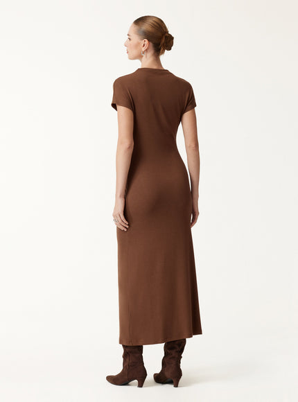 Mock Neck Cap Sleeve Ruched Midi Dress