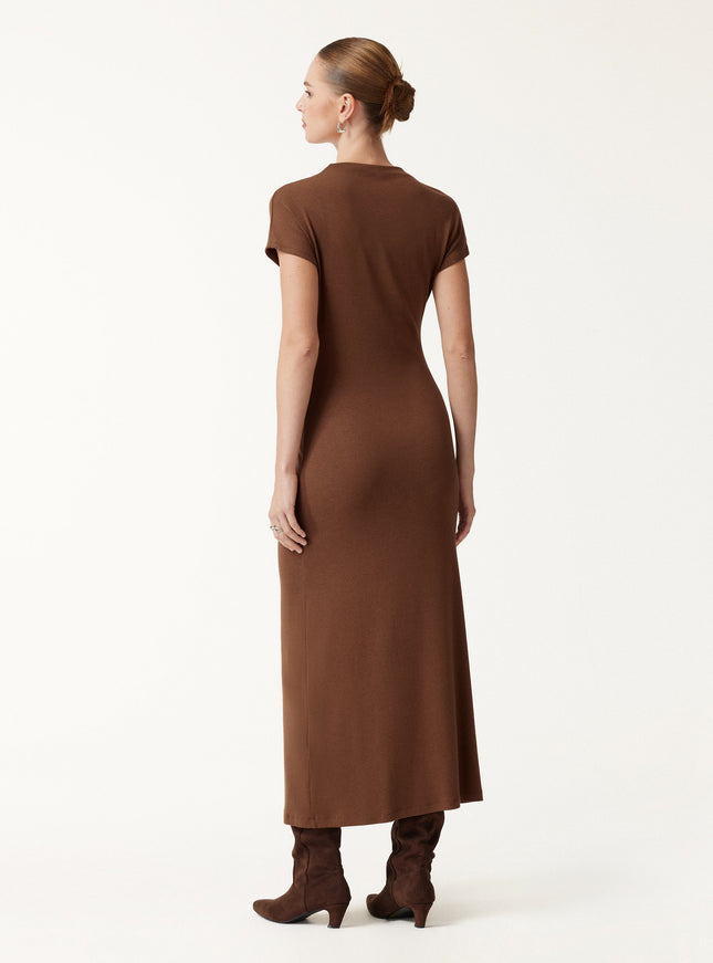 Mock Neck Cap Sleeve Ruched Midi Dress