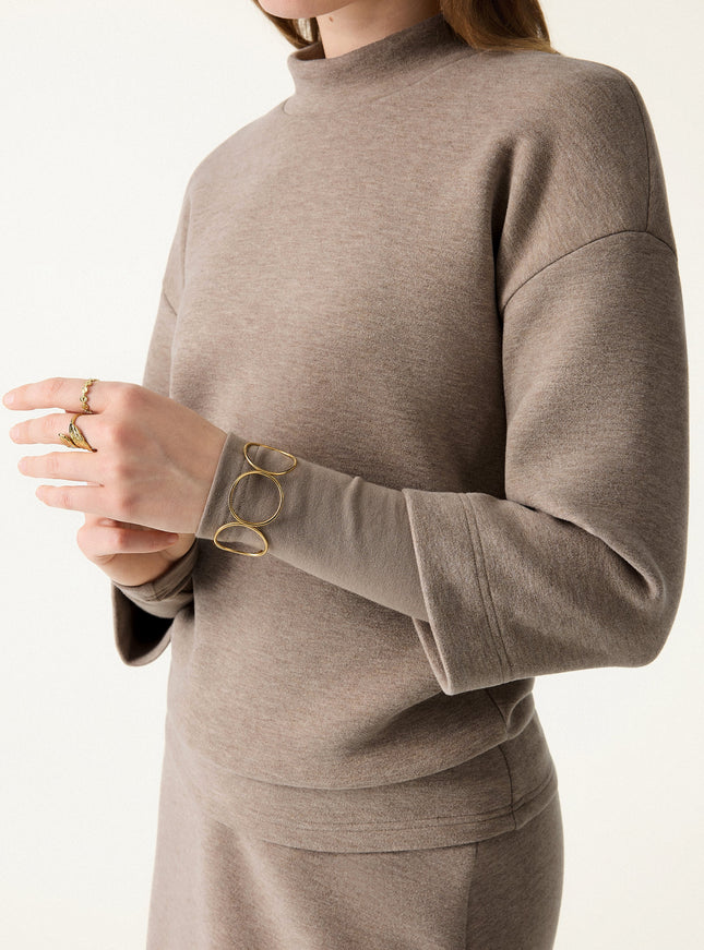 2Pcs Set Mockneck Sleeve-Warmer Top & Midi A-line Circle Skirt