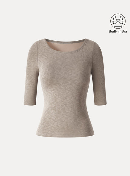 Round Neck Elbow Sleeve Built-In Bra Top