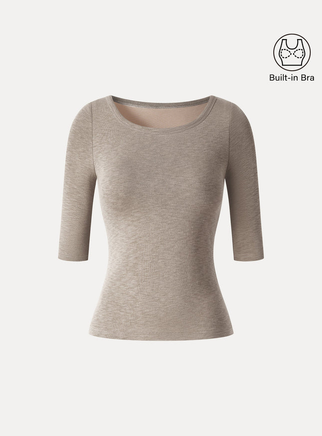 Round Neck Elbow Sleeve Built-In Bra Top
