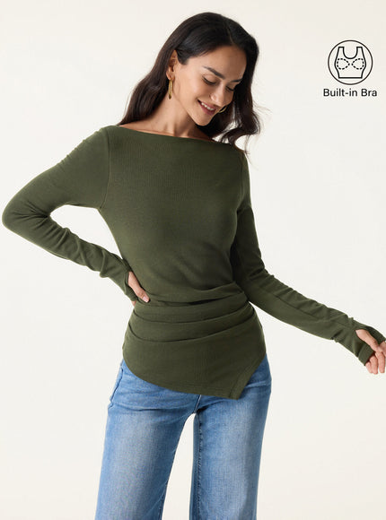Boatneck Side Tucks Asymmetrical Built-In Bra Top