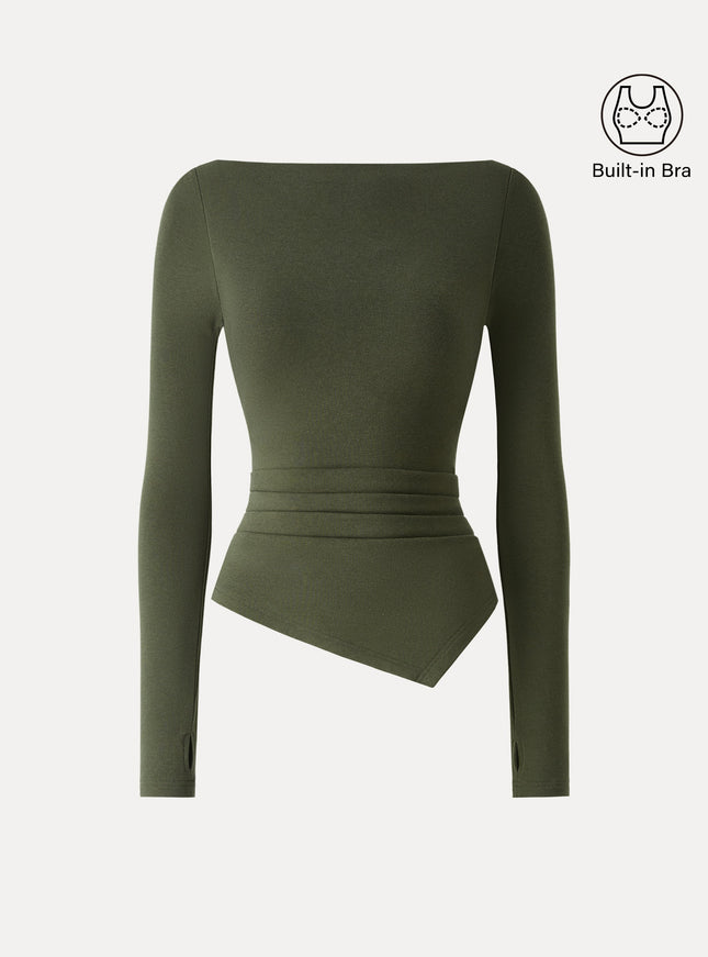 Boatneck Side Tucks Asymmetrical Built-In Bra Top