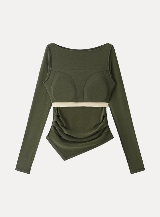 Boatneck Side Tucks Asymmetrical Built-In Bra Top