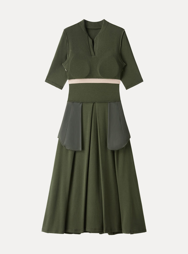Polo Neck Elbow Length Sleeve Midi Built-In Bra Dress with Pockets