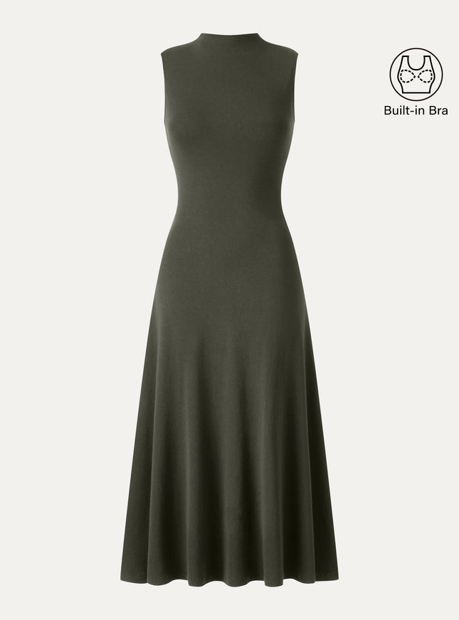 Mock Neck Sleeveless A-Line Midi Built-In Bra Dress