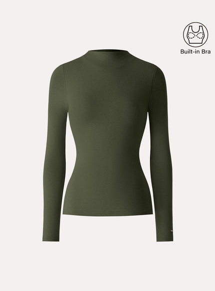 Mockneck Long Sleeve Built-In Bra Top