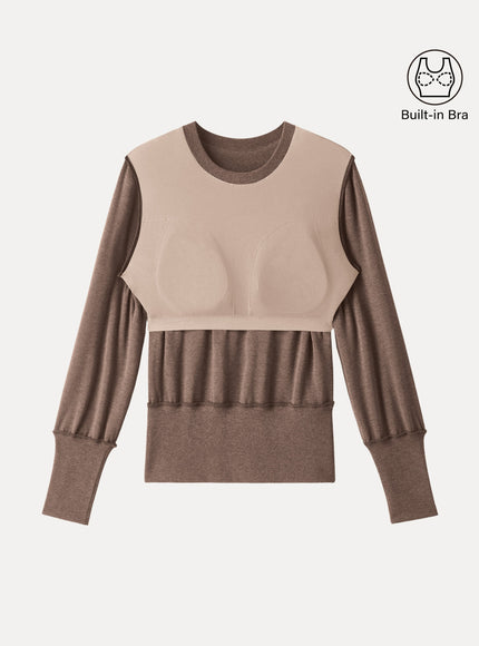 Elevated Crewneck Brushed Built-In Bra Top with Banded Hem