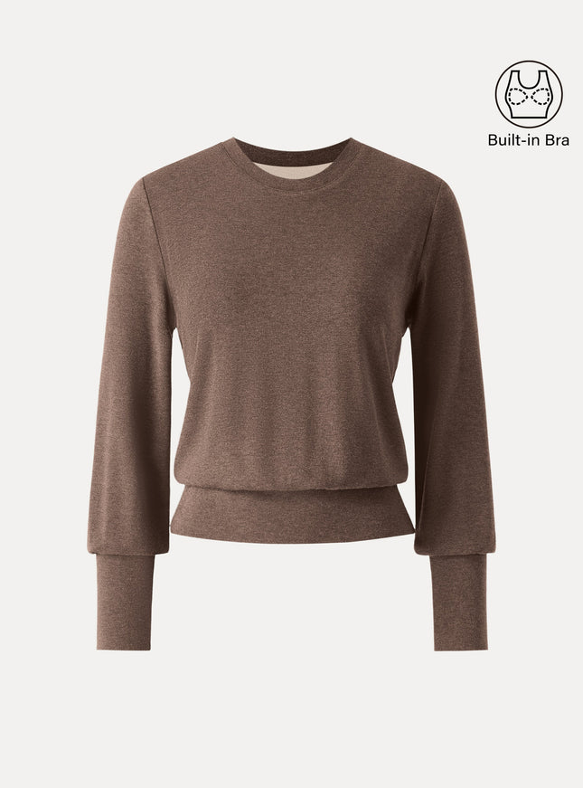 Elevated Crewneck Brushed Built-In Bra Top with Banded Hem