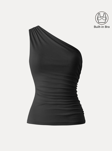 Sandwashed One Shoulder Ruched Built-In Bra Tank