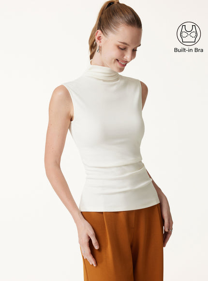 Mock Neck Sleeveless Ruched Built-In Bra Top