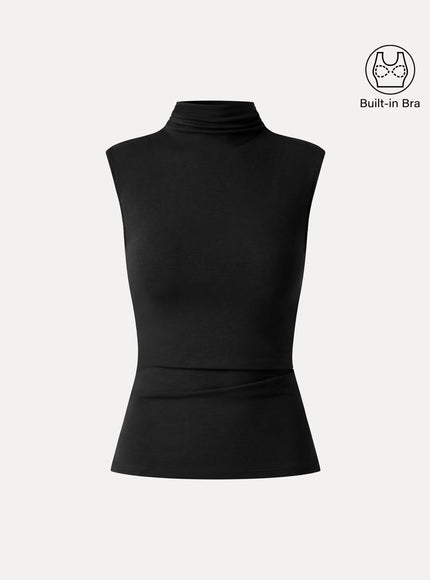 Mock Neck Sleeveless Ruched Built-In Bra Top