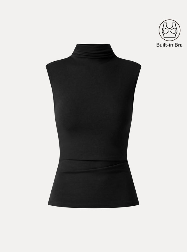 Mock Neck Sleeveless Ruched Built-In Bra Top